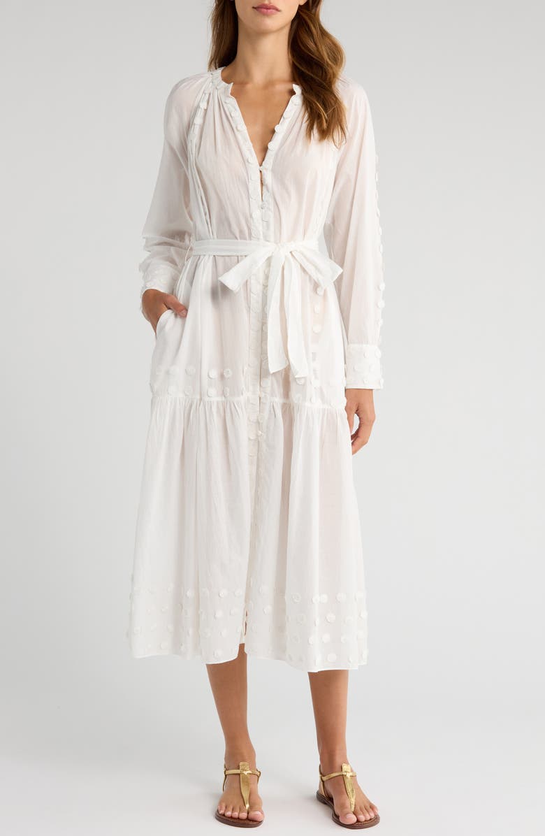Ulla Johnson Emera Embroidered Tie Waist Long Sleeve Midi Dress, Main, color, Pristine