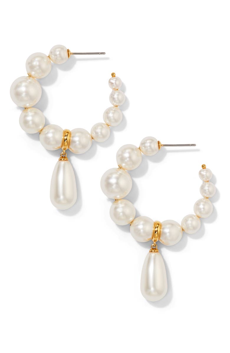 Nadri London Cultured Pearl Drop Hoop Earrings, Main, color, Gold