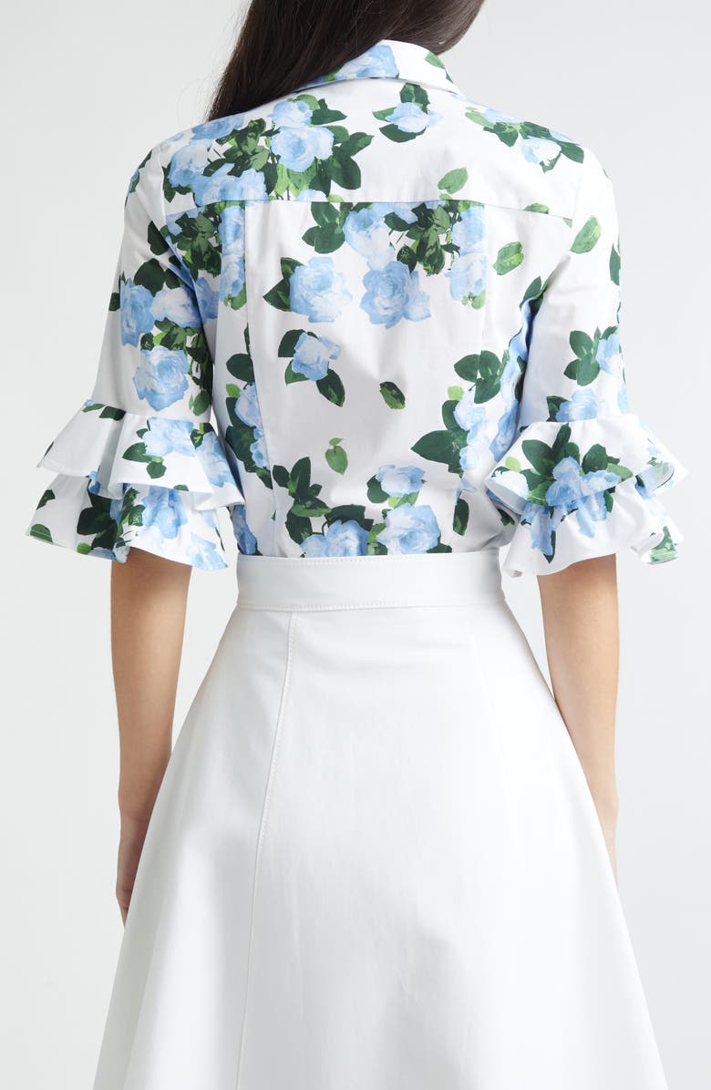 Carolina Herrera Rose Print Tiered Ruffle Cuff Button-Up Shirt, Alternate, color, White Multi