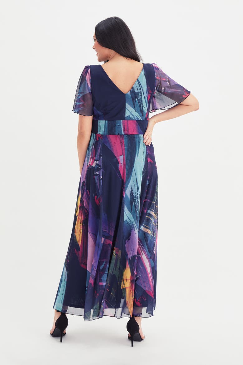 Isabelle Printed Angel Sleeve Dress, Alternate, color, Navy Abstract