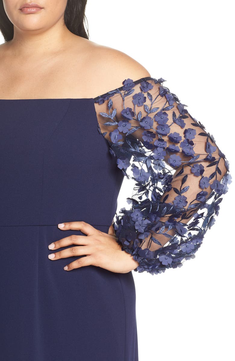 Eliza J Off the Shoulder 3D Floral Sleeve Scuba Crepe Evening Dress, Alternate, color, 