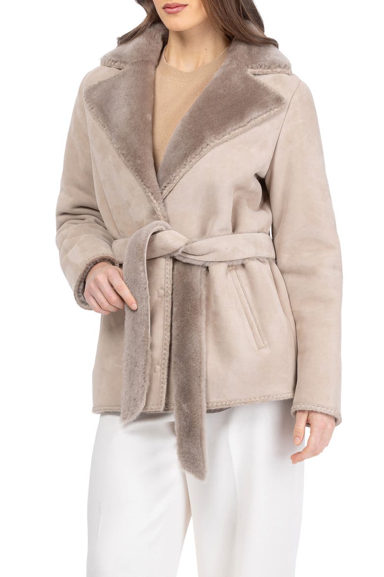Genuine Shearling Belted Jacket with Whipstitch Trim, Main, color, Taupe