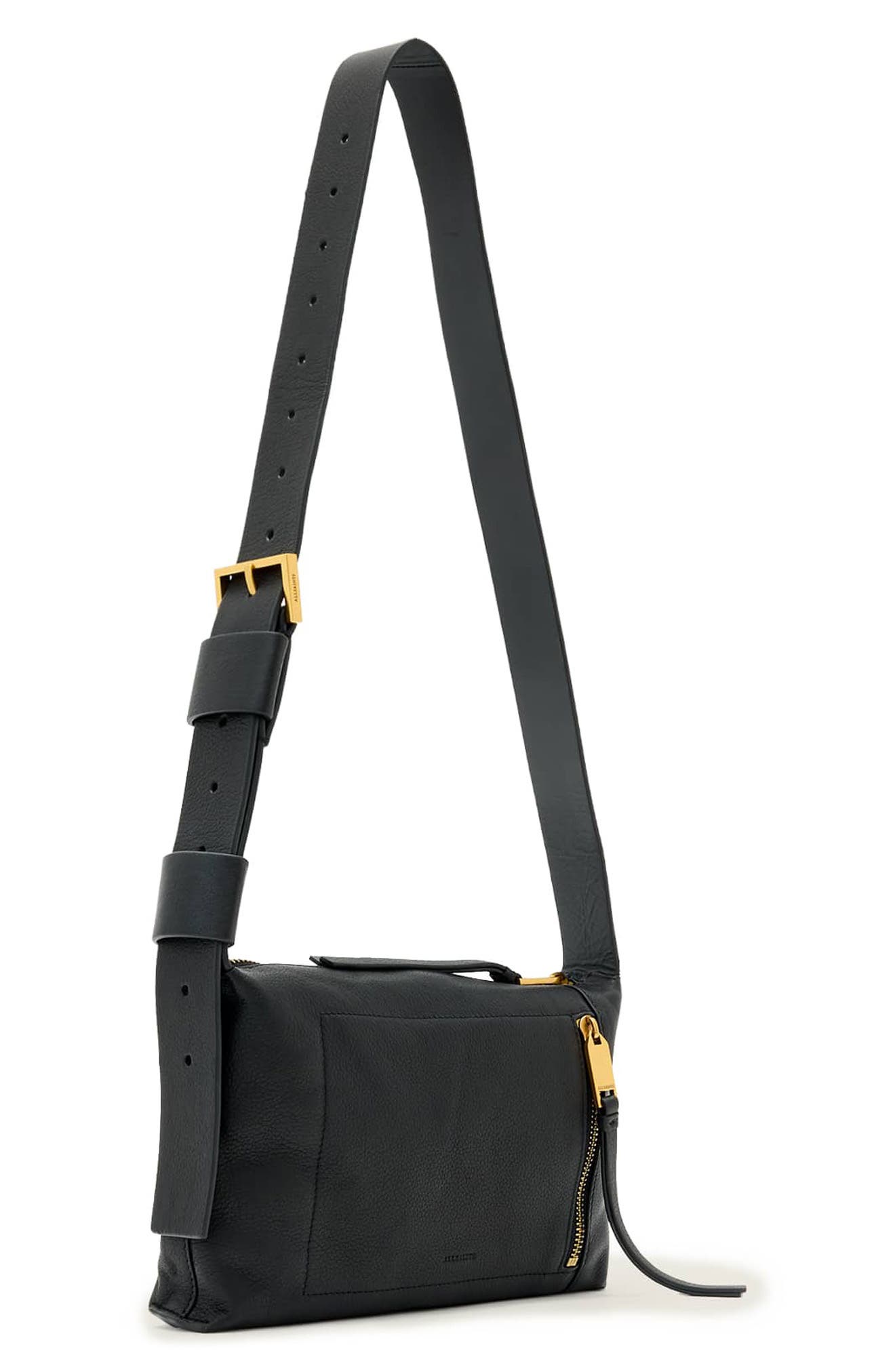 AllSaints Small Alba Zip Leather Crossbody Bag, Alternate, color, Black