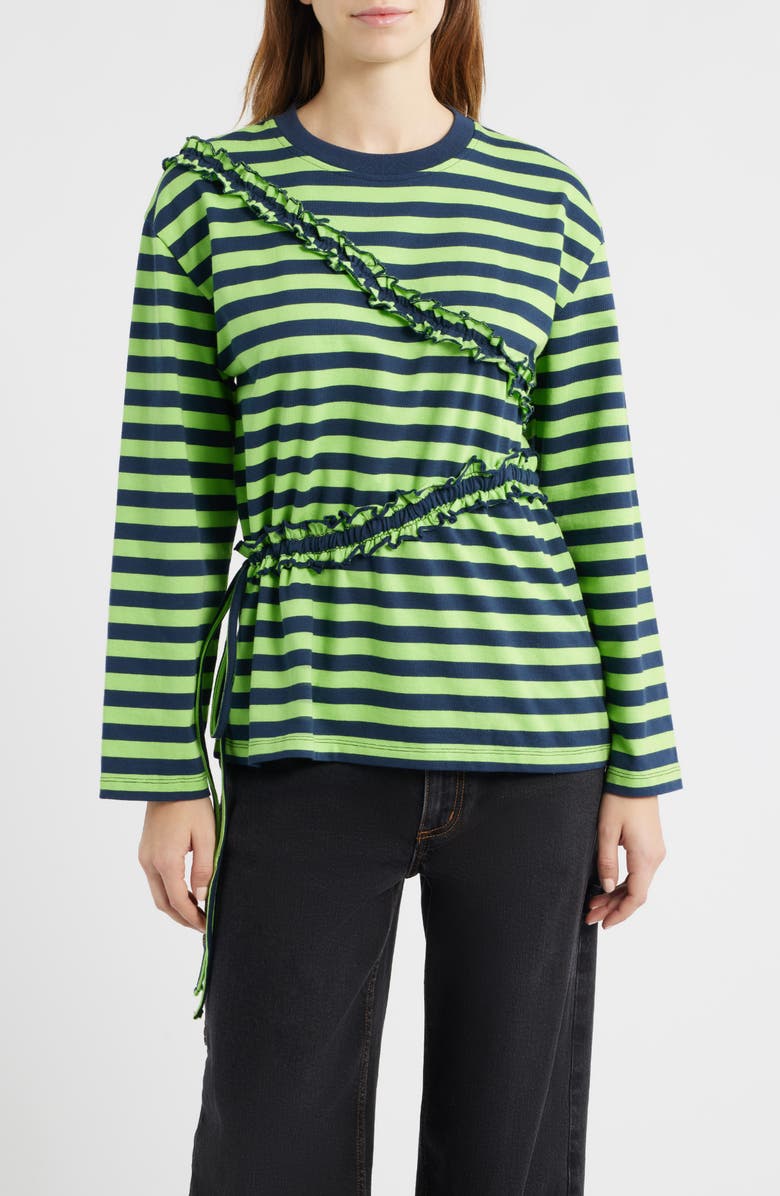 Damson Madder Prudie Stripe Ruffle Trim Top, Main, color, Lime