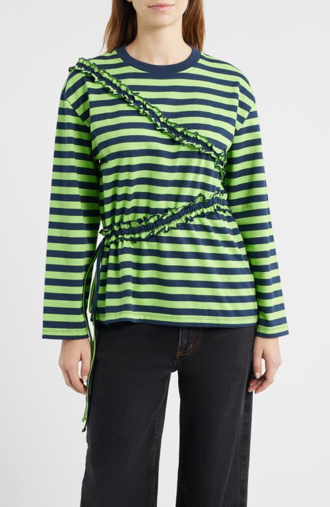 Prudie Stripe Ruffle Trim Top