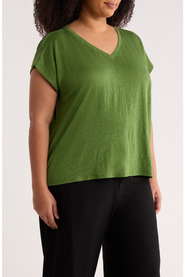 Boxy V-Neck Organic Linen T-Shirt, Alternate, color, FIELD