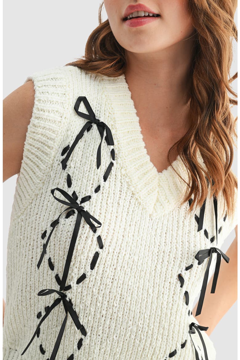 Contrast Bow Sweater Vest, Alternate, color, IVORY