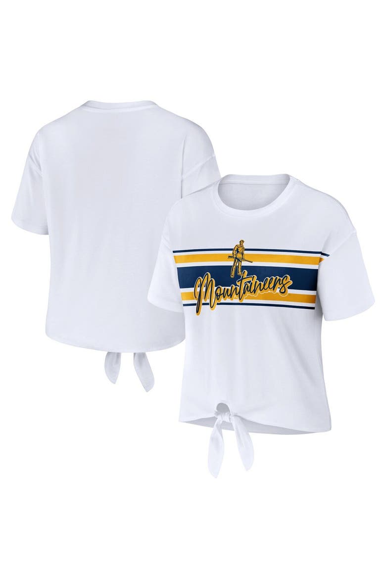 Women's WEAR by Erin Andrews White West Virginia Mountaineers Striped Front Knot Cropped T-Shirt, Main, color, White