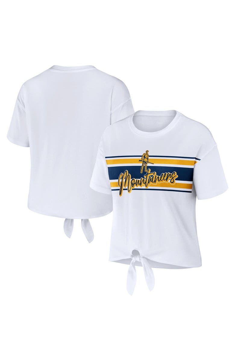 WEAR by Erin Andrews Women's WEAR by Erin Andrews White West Virginia Mountaineers Striped Front Knot Cropped T-Shirt, Main, color, White