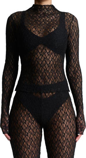 売れ筋商品|||ニューヨークコレクション カットソー トップス レディース Mock-Neck Lace Top Black Nude Naked Wardrobe Mock Neck Lace Top | Nordstrom