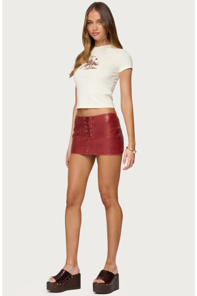 Lace-Up Low Rise Faux Leather Miniskort, Alternate, color, BORDU