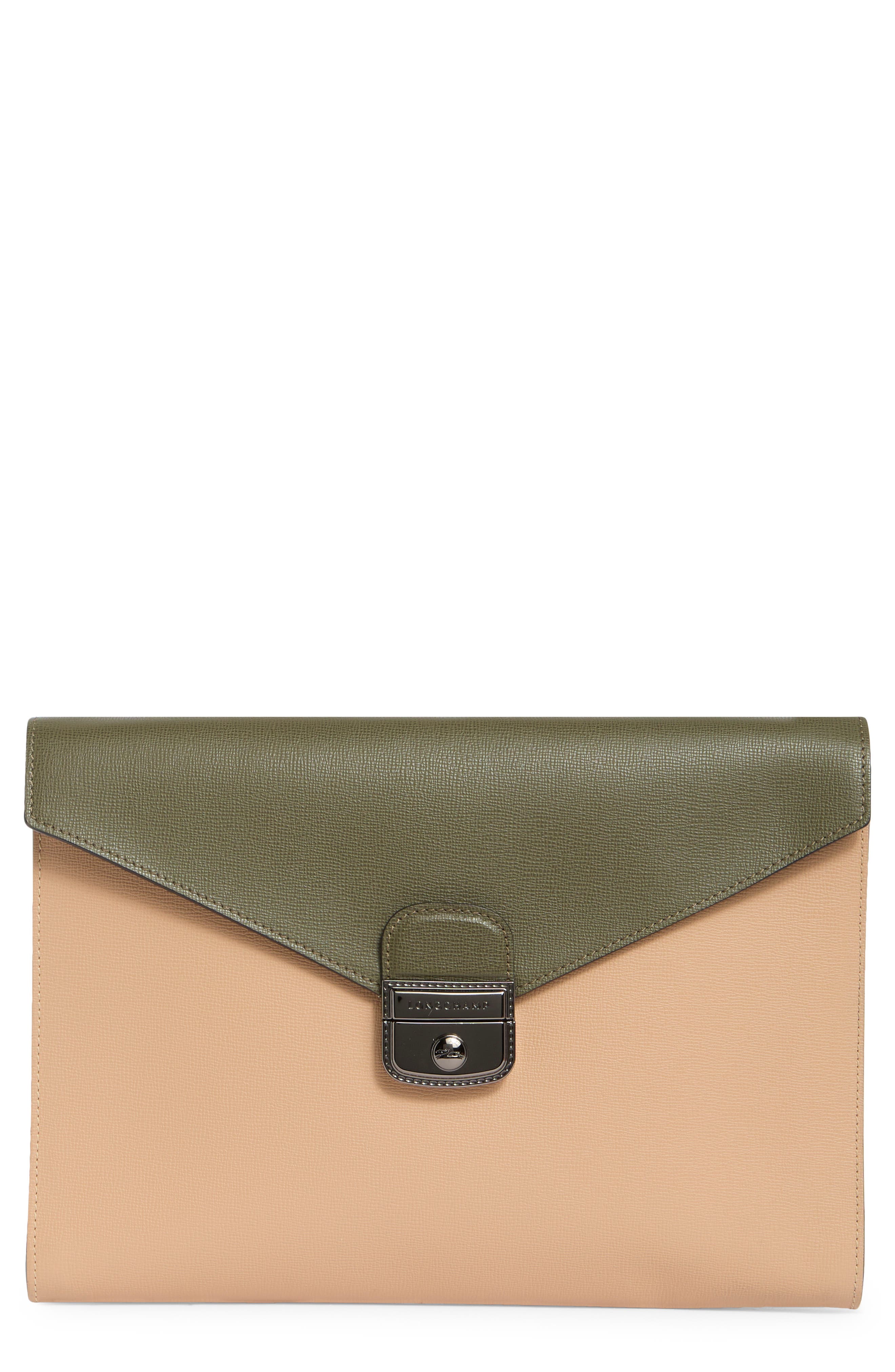 Longchamp Le Pliage Colorblock Leather Clutch, Main, color, Sand/Khaki/Ecru