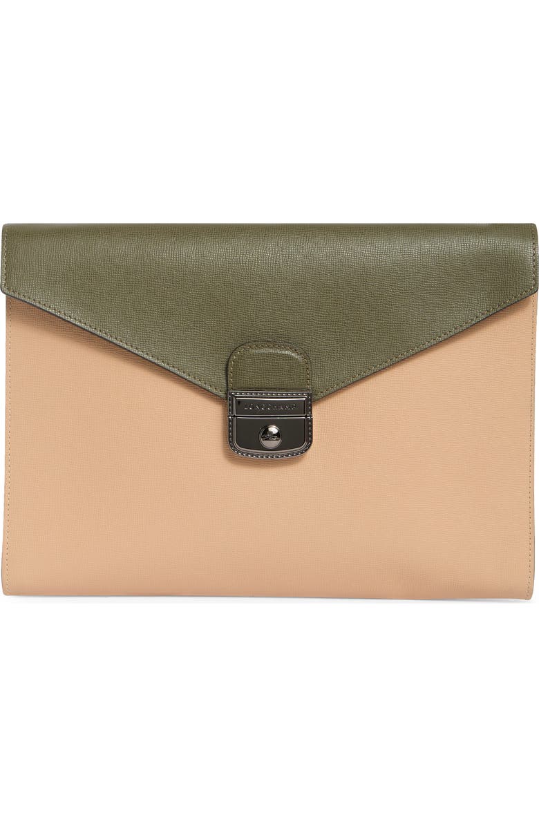 Longchamp Le Pliage Colorblock Leather Clutch, Main, color, Sand/Khaki/Ecru