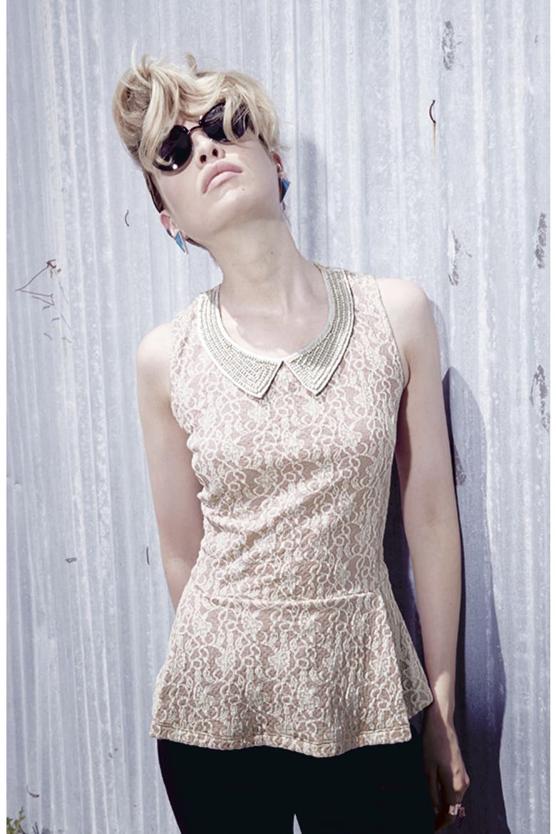 Hinge® Embellished Collar Peplum Top, Alternate, color, PINK SAND/ IVORY LACE