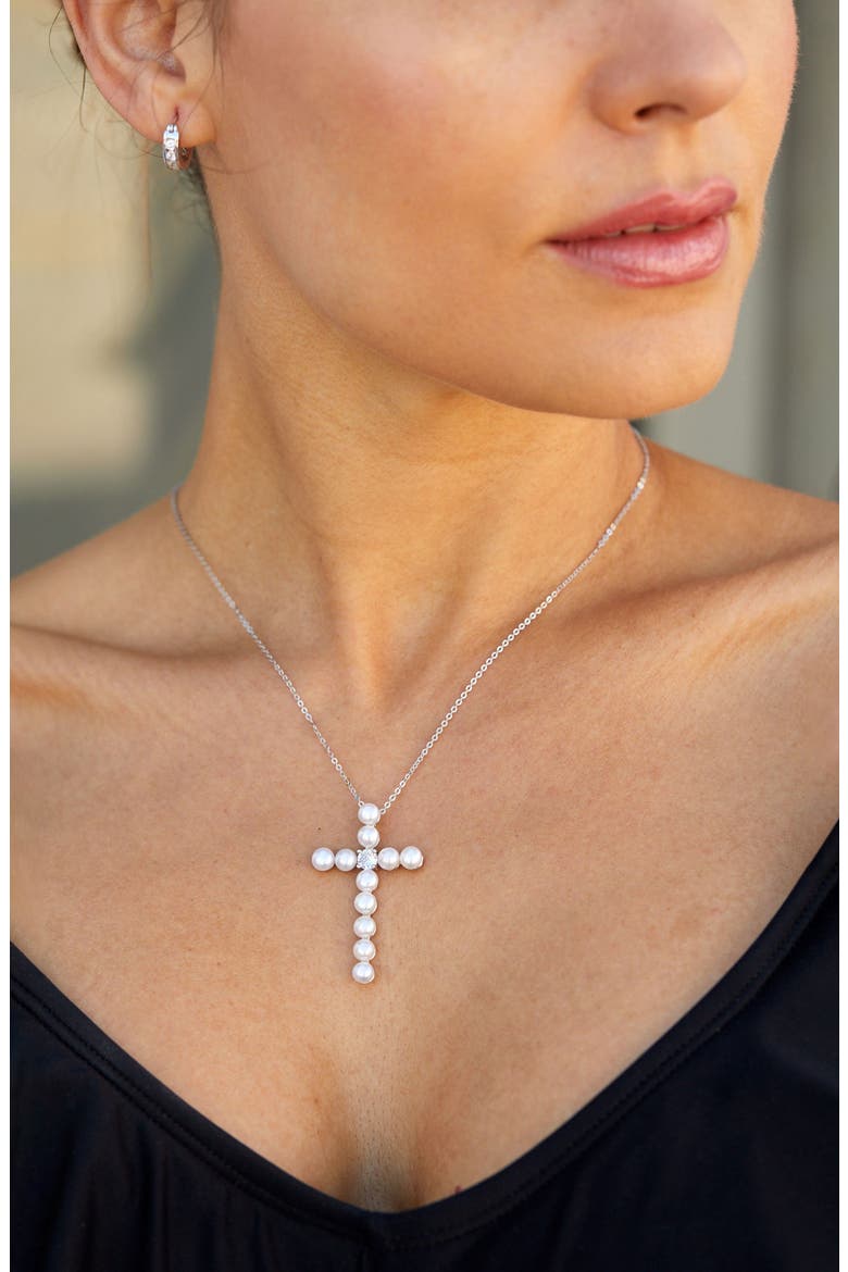 Freshwater Pearl Cross Pendant Necklace, Alternate, color, WHITE