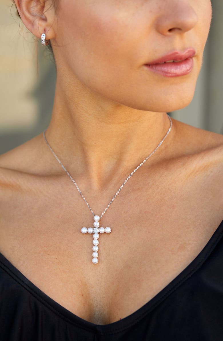 SAVVY CIE JEWELS Freshwater Pearl Cross Pendant Necklace, Alternate, color, White