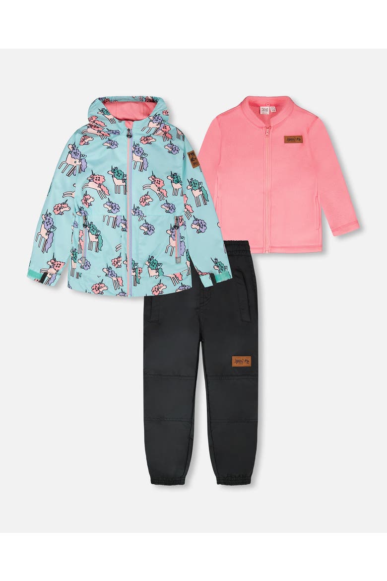 3-in-1 Two-Piece Mid-Season Outerwear with Solid Pants Set, Main, color, Blue Unicorn Print