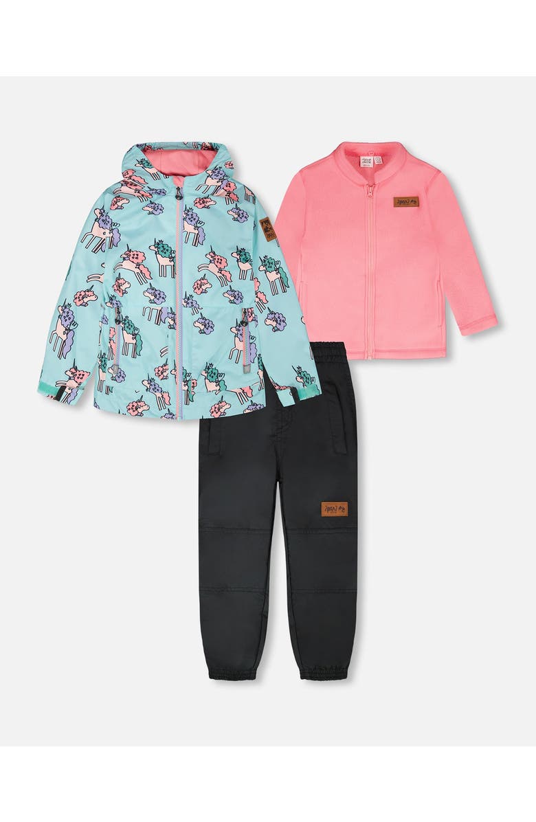 Deux par Deux 3-in-1 Two-Piece Mid-Season Outerwear with Solid Pants Set, Main, color, Blue Unicorn Print