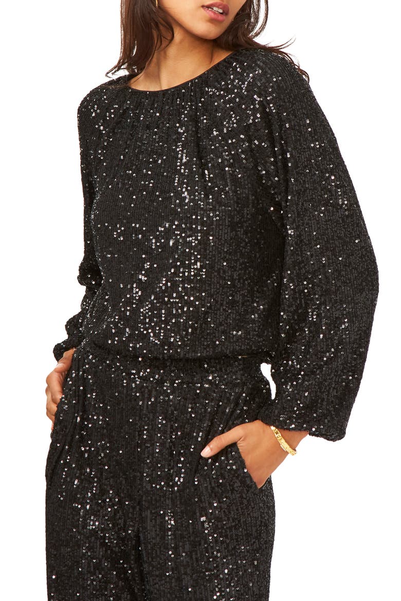 Balloon Sleeve Sequin Blouse, Main, color, RICH BLACK