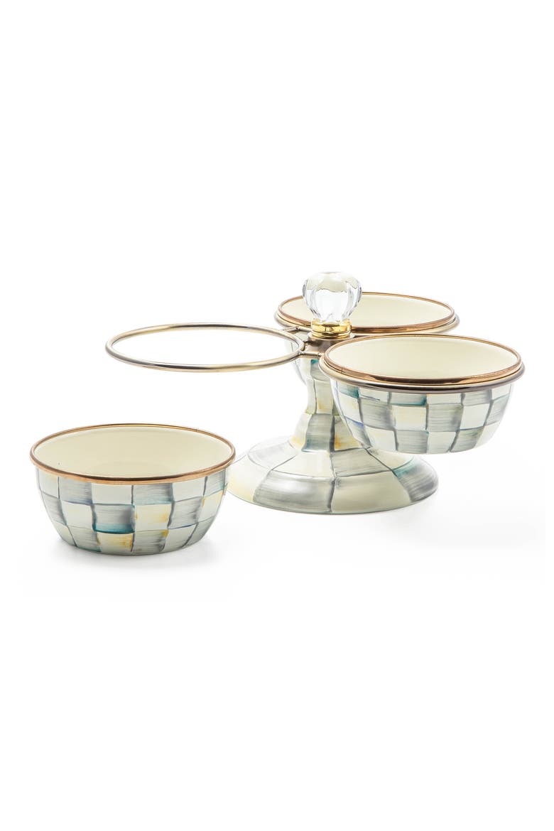 Sterling Check Enameled Steel Triplicity Bowls & Stand Set, Alternate, color, GREY/ WHITE