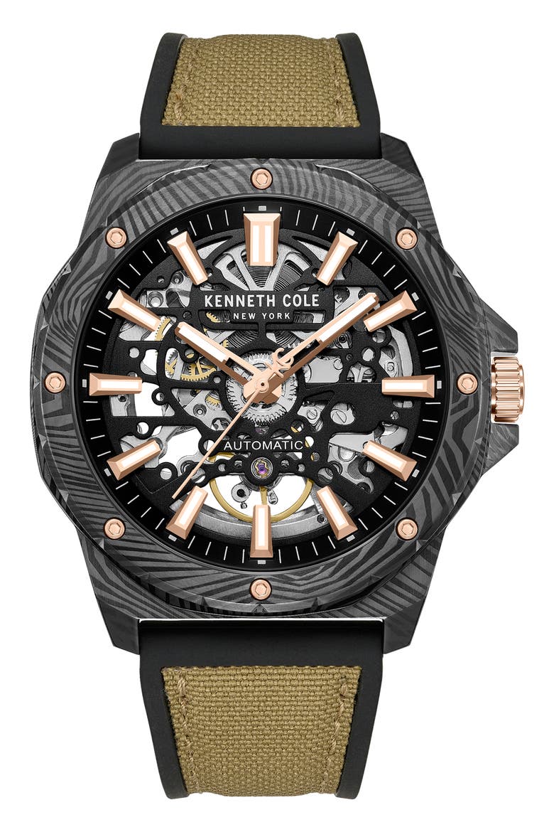 The Hollis Skeleton Automatic Silicone & Nylon Strap, 45mm, Main, color, TAN / BROWN LIGHT