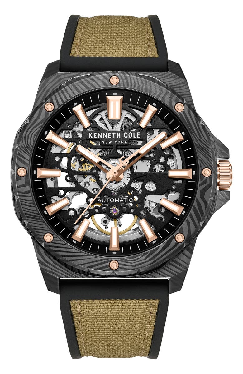 Kenneth Cole New York The Hollis Skeleton Automatic Silicone & Nylon Strap, 45mm, Main, color, Tan / Brown Light
