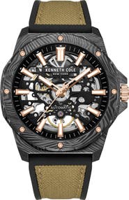 Kenneth Cole New York The Hollis Skeleton Automatic Silicone & Nylon Strap, 45mm