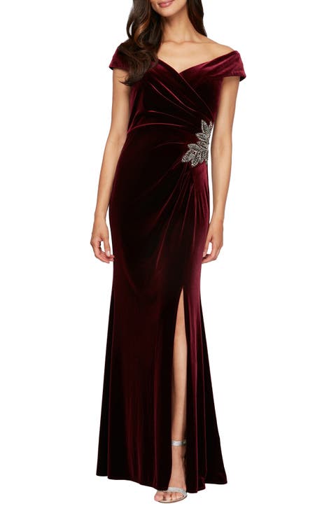 Off the Shoulder Velvet Fit & Flare Gown