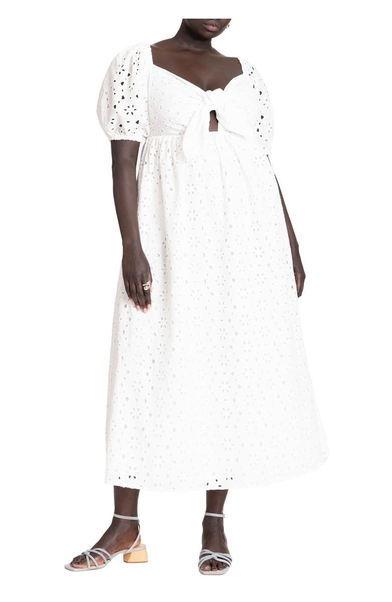 ELOQUII Eyelet Tie Front Maxi Dress, Main, color, Soft White