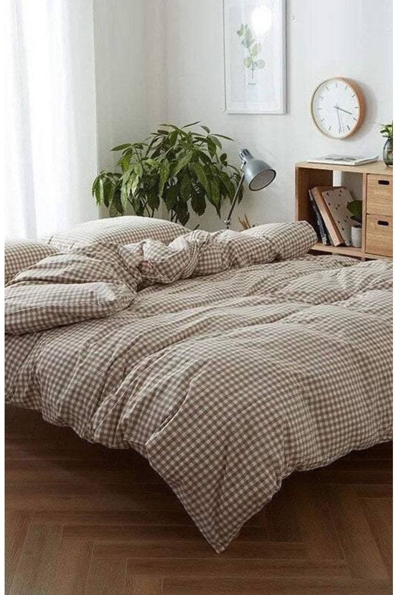 Gingham Washed Cotton Bedding Set, Alternate, color, Brown Gingham, Fitted
