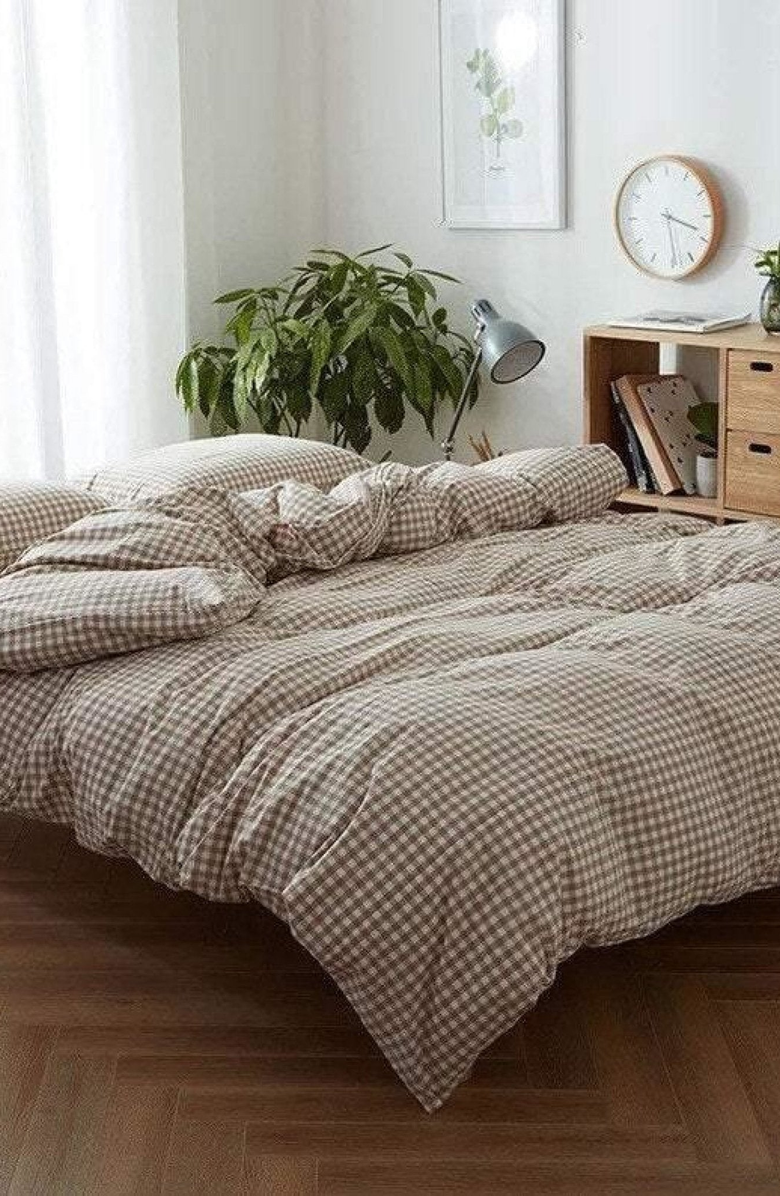 Ever Lasting Gingham Washed Cotton Bedding Set, Alternate, color, Brown Gingham, Fitted