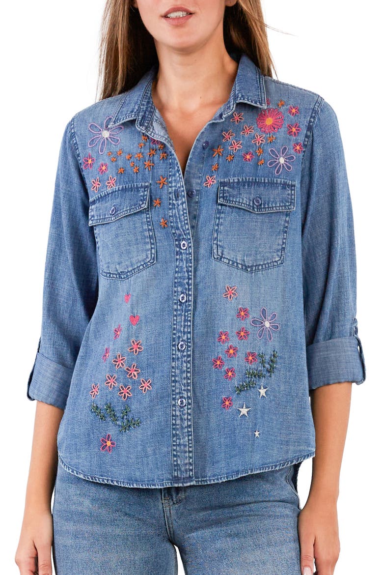 Floral Crush Embroidered Denim Shirt, Main, color, DENIM
