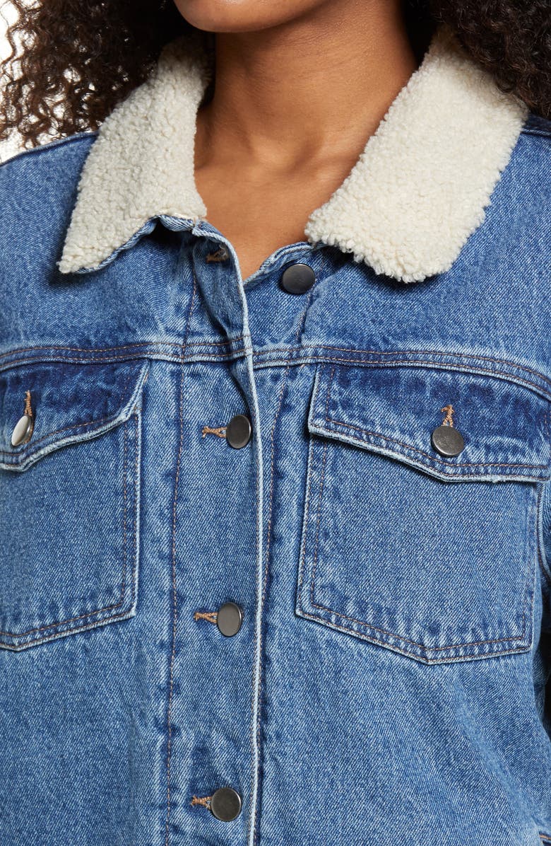 BP. Denim Oversize Trucker Jacket with Faux Shearling Collar, Alternate, color,