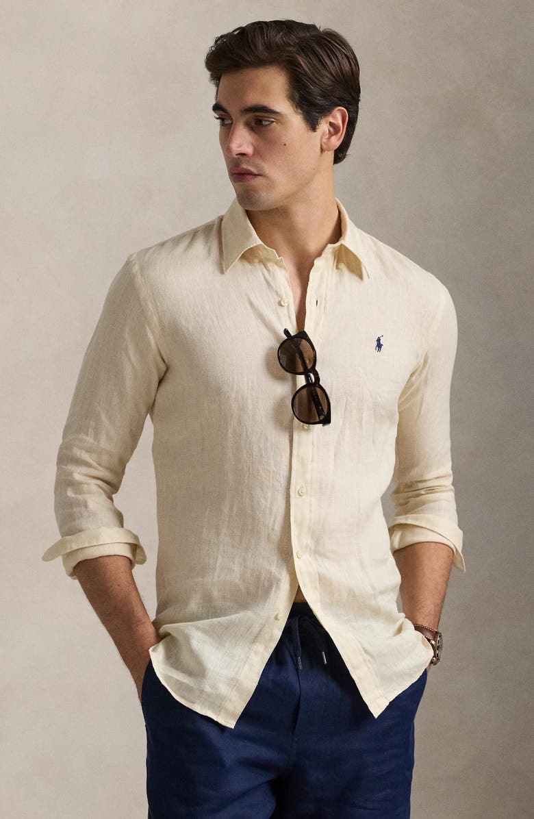 Polo Ralph Lauren Classic Fit Solid Tan Linen Button-Down Shirt, Alternate, color, 
