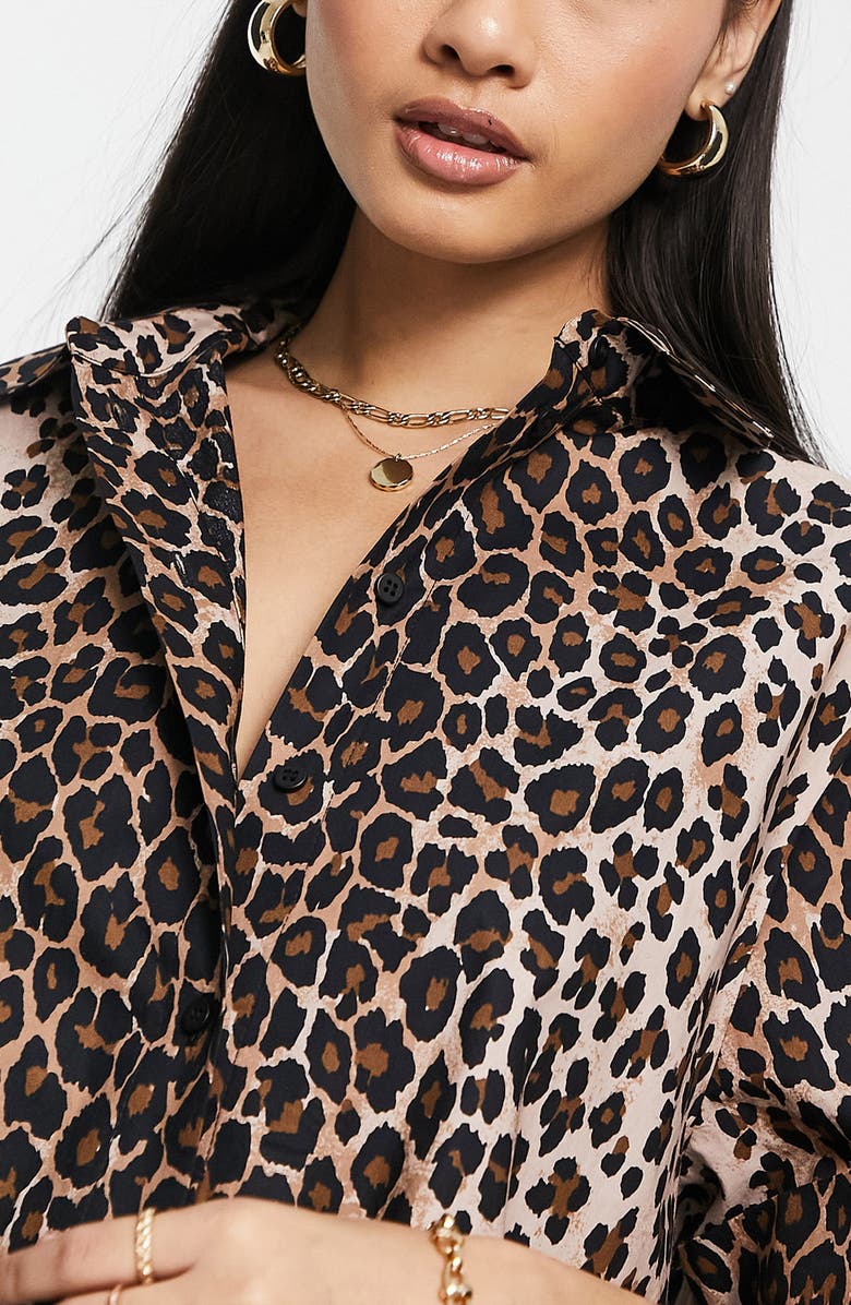 Topshop Women's Animal Print Short Sleeve Cotton Button-Up Shirt, Alternate, color,