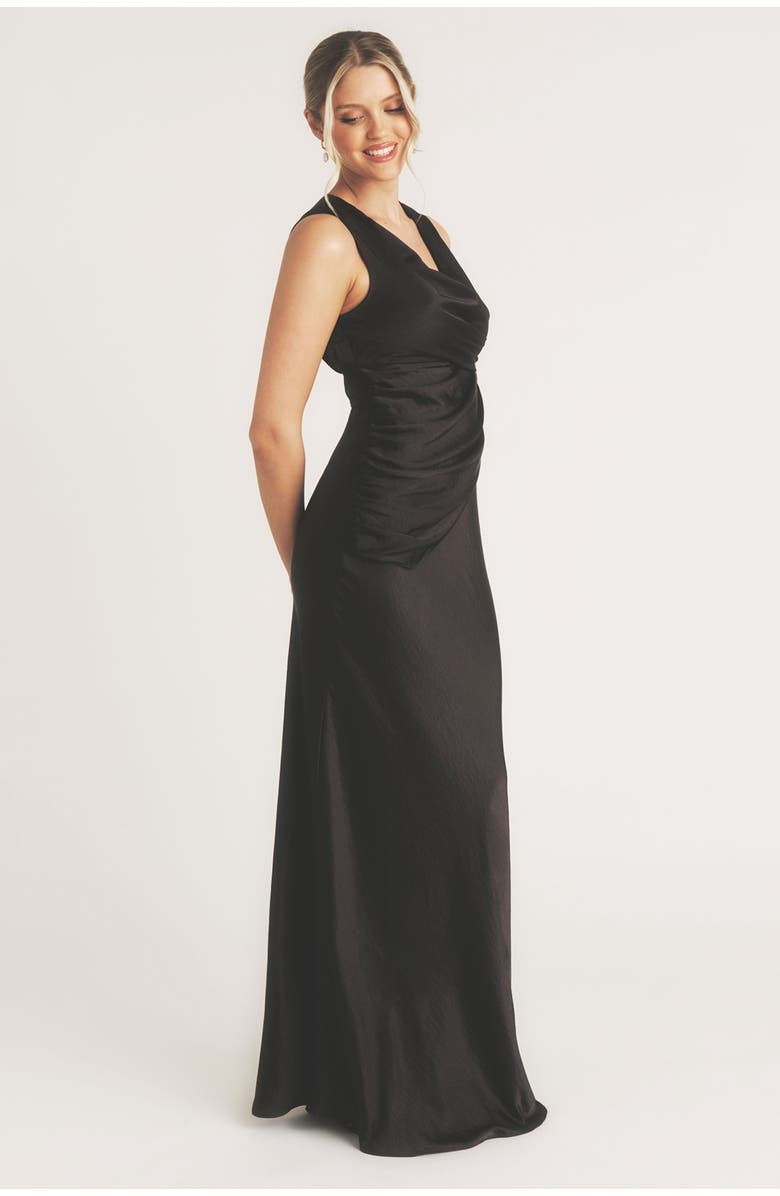 Six Stories Plunge Drape Satin Bridesmaid Dress, Alternate, color, Black