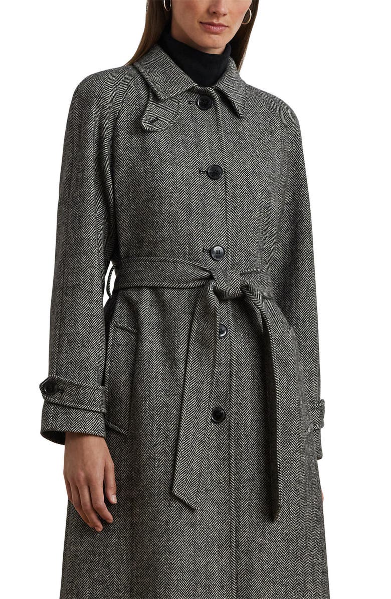 Lauren Ralph Lauren Tie Belt Single Breasted Trench Coat, Alternate, color, Black/ Cream