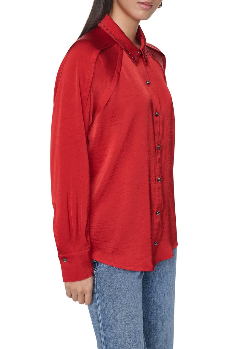 Studded Collar Long Sleeve Button Down Shirt, Alternate, color, VIBRANT RED