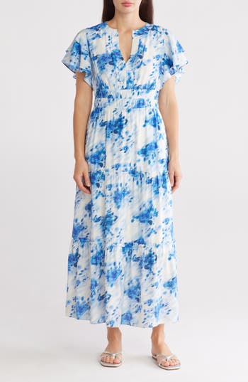 Julia Jordan Flutter Sleeve Tiered Maxi Dress In Blue Ivory