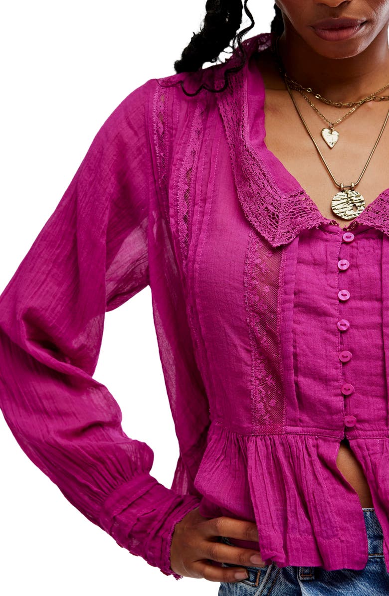 Free People Elodie Lace Trim Ruffle Hem Shirt, Alternate, color, Dragonfruit