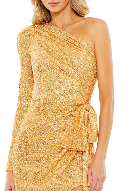 Mac Duggal Sequined One Shoulder Draped Side Bow Mini Dress In Gold