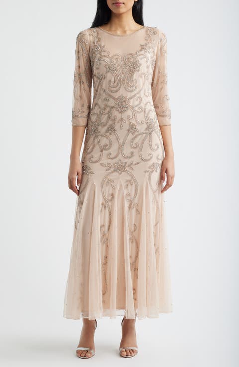 Beaded Illusion Neck Gown