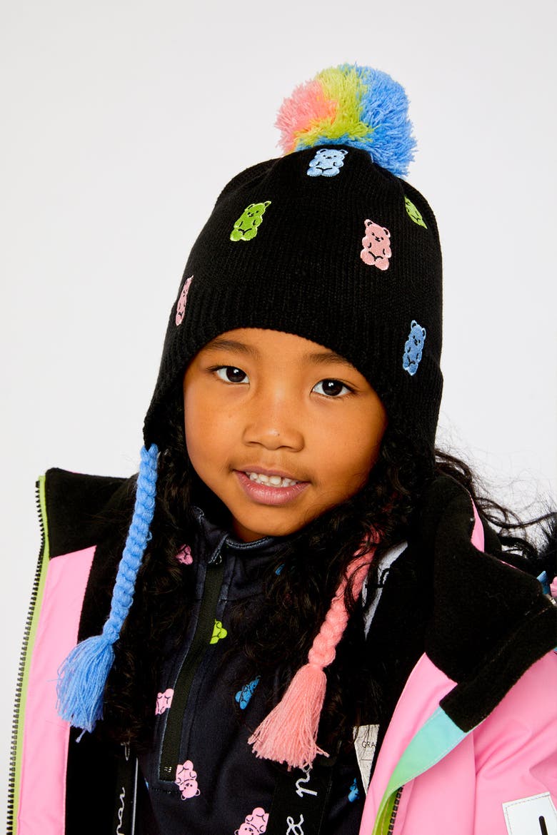 Winter Peruvian Gummy Bear Fleece-Lined Pompom Knit Hat, Alternate, color, Black, Pink, Blue and Green