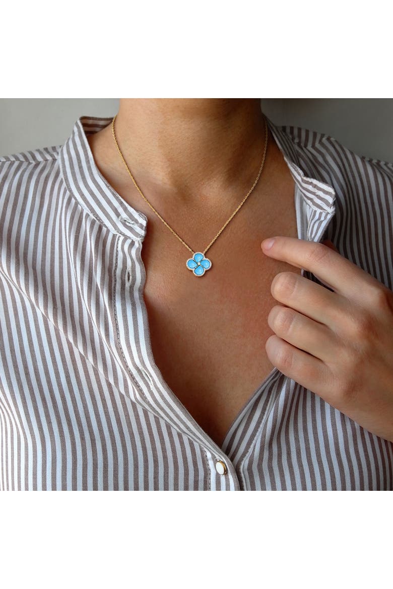Lab-Created Gemstone & Diamond Clover Flower Necklace, Alternate, color, Created Turquoise