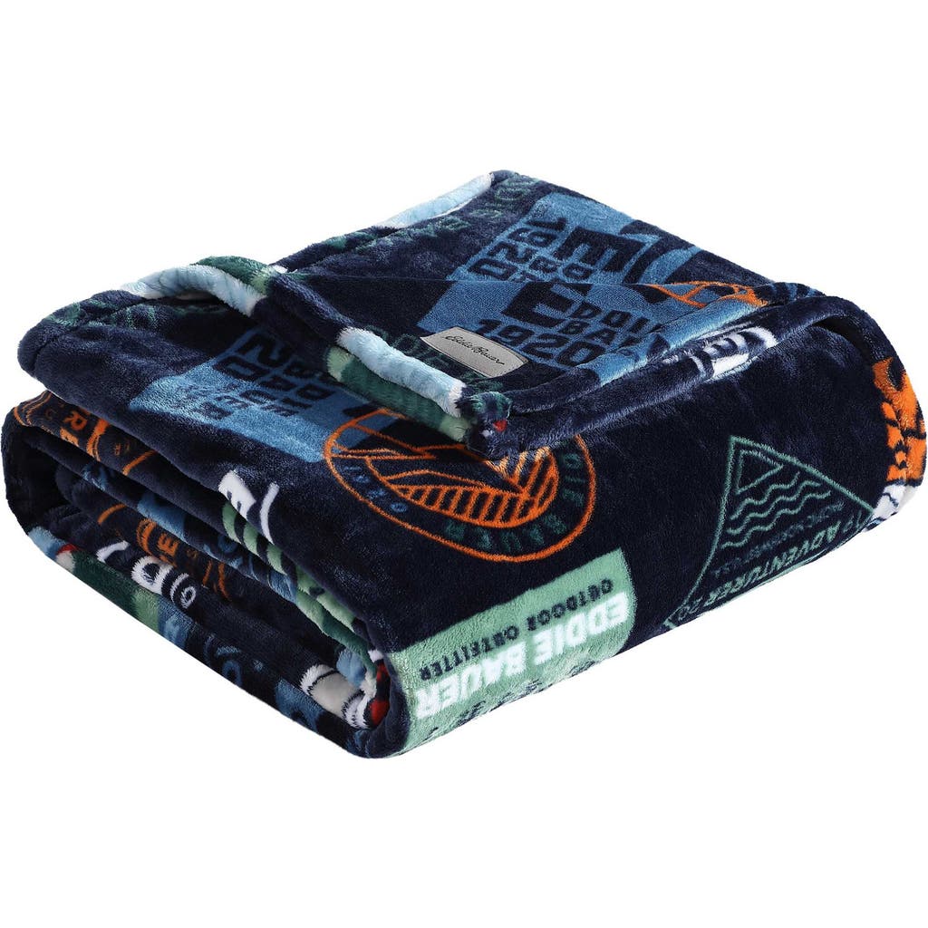 Eddie Bauer Stamps Logo Plush Throw Blanket In Dark Blue