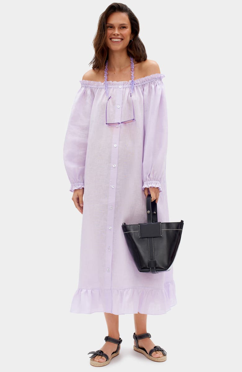 Sleeper Loungewear Long Sleeve Linen Midi Dress, Alternate, color, 