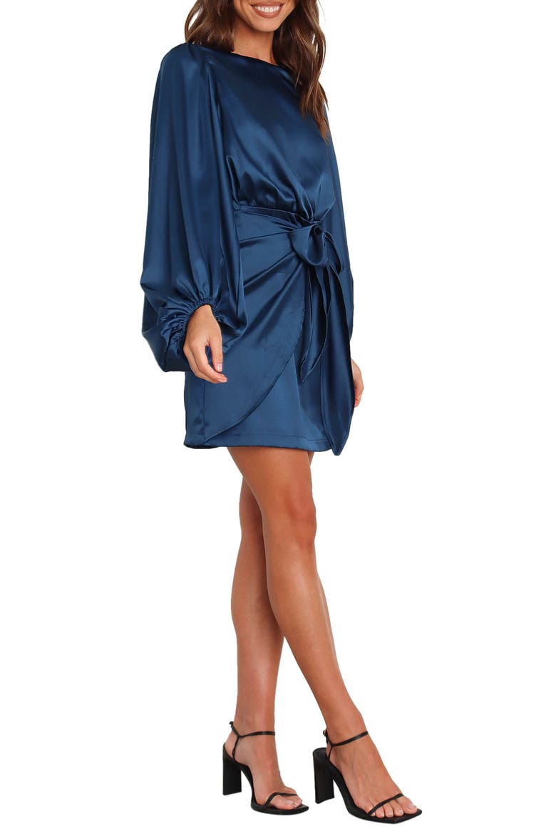 Opal Tie Waist Long Sleeve Satin Minidress, Alternate, color, NAVY