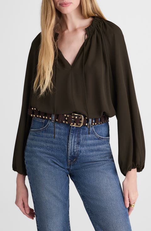 Long-Sleeve Tie-Neck Top