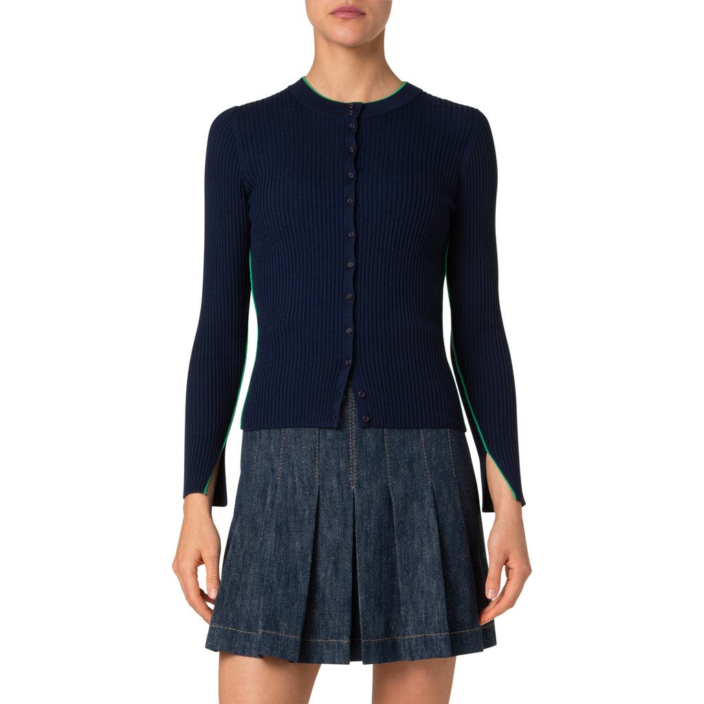 Akris Punto Ribbed Wool Cardigan With Contrast Piping In Navy-sea Green