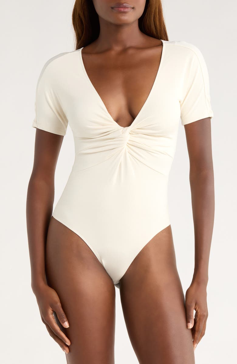 Good American Twist Front Jersey Bodysuit, Alternate, color, Ecru003